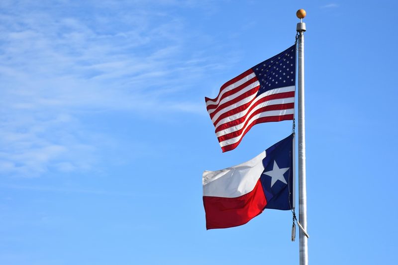 Illustration: The American flag and the Texas flag on a pole