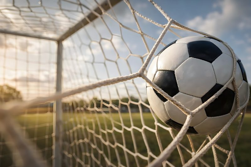 Illustration: A football in the net of a goal