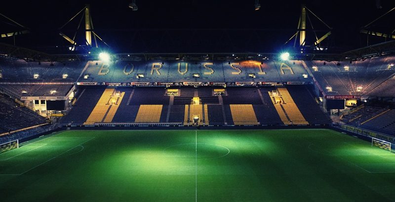 Illustration: The Westfalenstadion football stadium in Dortmund at night
