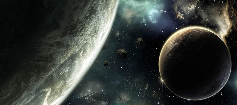 Illustration: Two planets and several asteroids floating in outer space