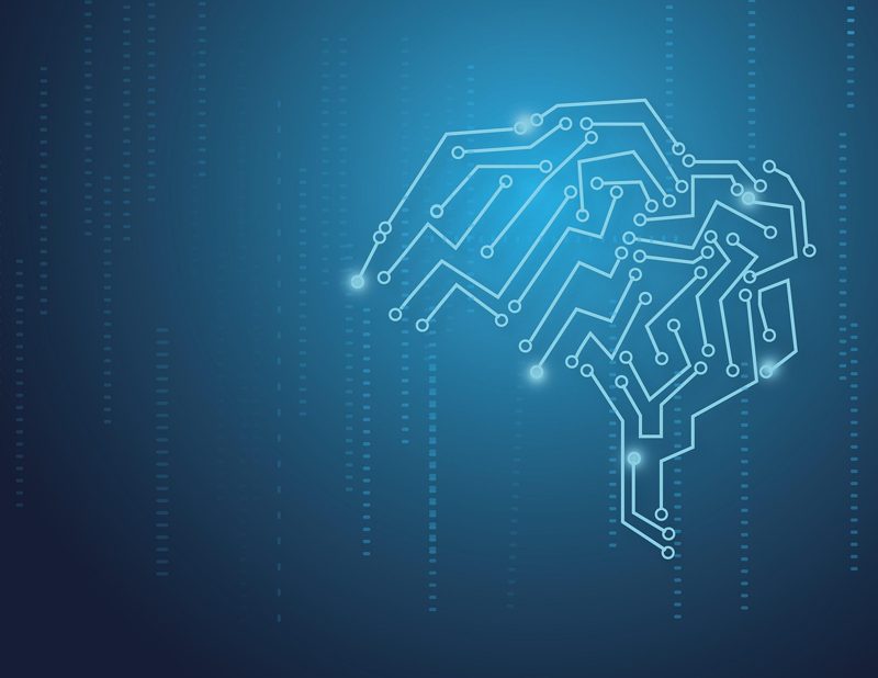 Illustration: A glowing digital circuit brain pattern on a blue background