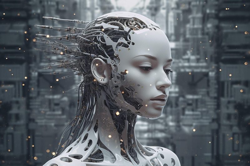 Illustration: A futuristic cyborg woman with wires in her head