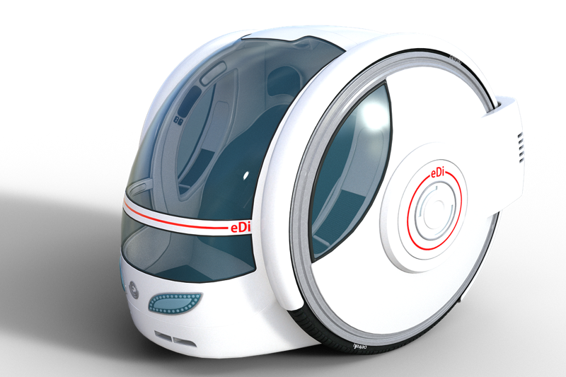 Illustration: A futuristic white electric pod vehicle with large transparent wheels