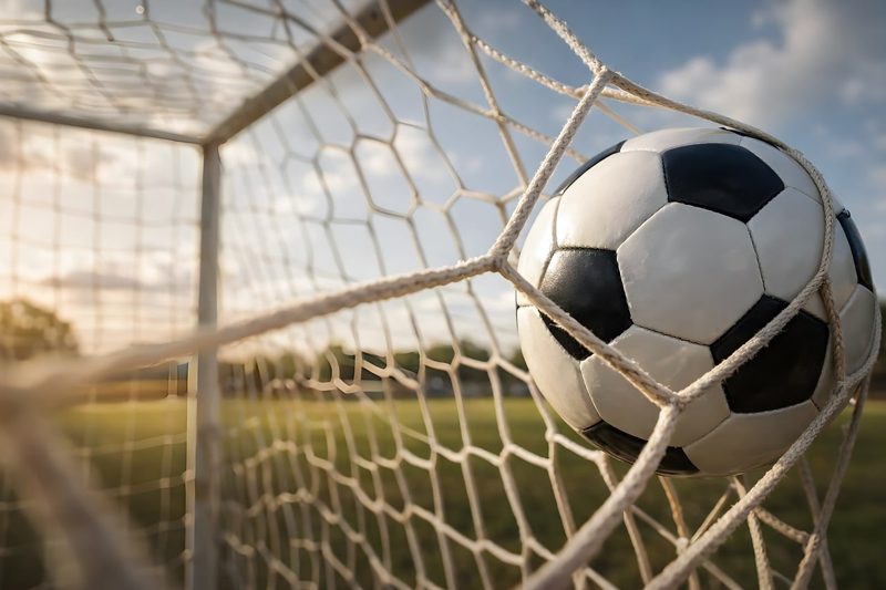 Illustration: A football in the net of a goal
