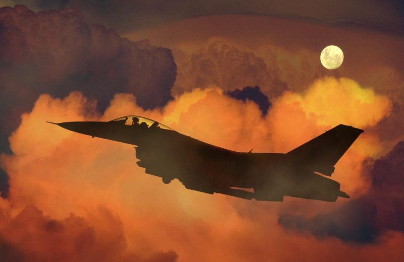Illustration: A fighter jet flying at sunset with clouds and a moon