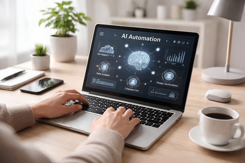 Illustration: A person using a laptop computer displaying AI automation graphics
