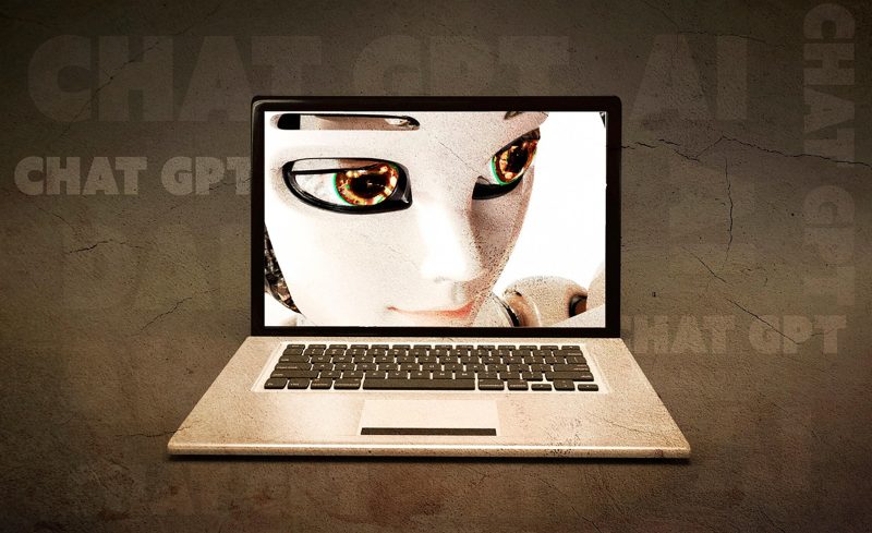 Illustration: An open laptop computer shows the face of a robot