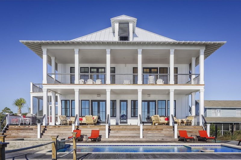 Illustration: A large white two storey house with a swimming pool